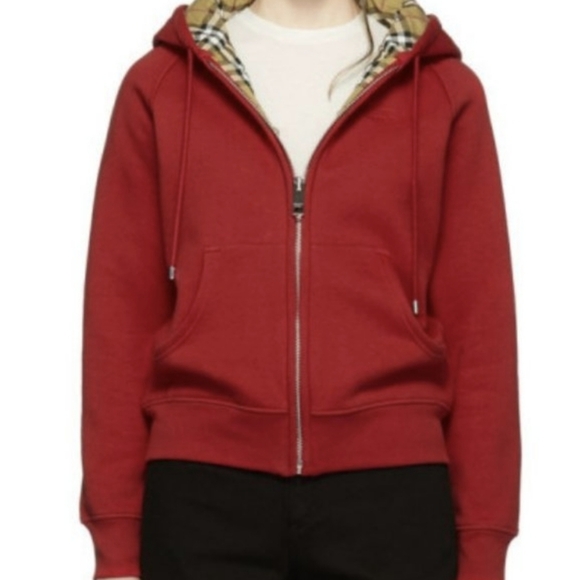 Burberry Hackfall Hoodie in Red, Vintage Check-Lined Hood - Picture 1 of 16